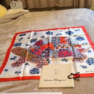 Vintage New Salvatore Ferragamo Floral Silk Scarf in White, Red, Blue